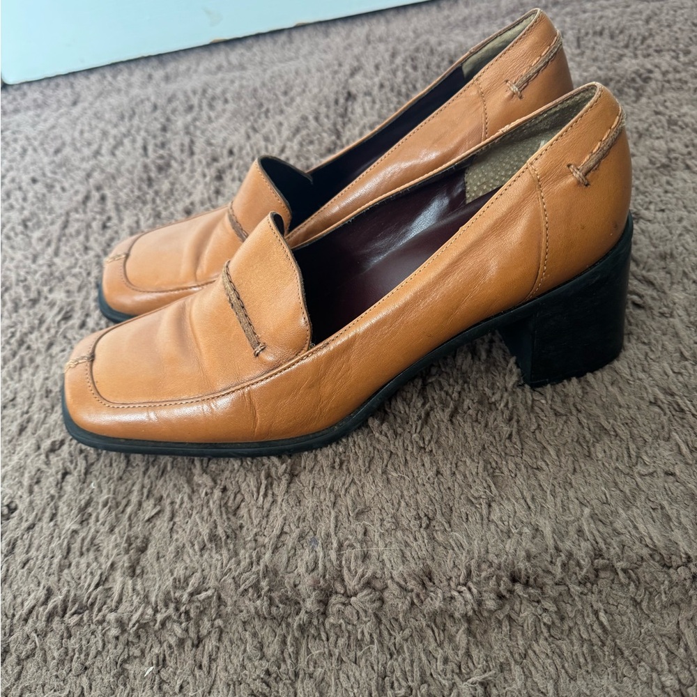 Nicole Brown Tan Pumps Retro Vintage Block Heel Loafer Leather 9 - Picture 5 of 9